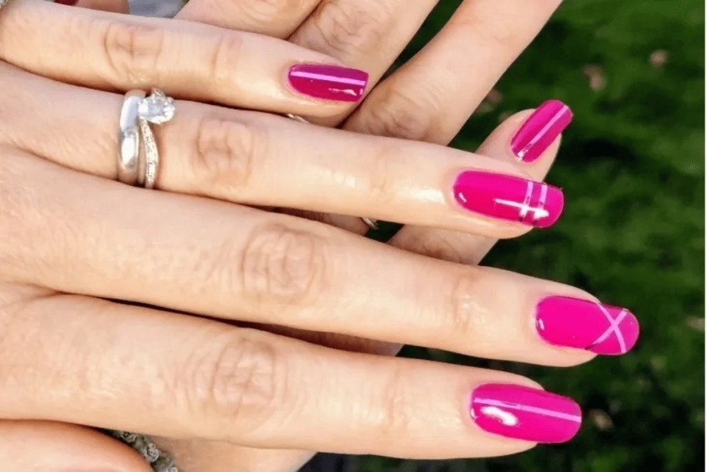 Pink pattern gel nails in Harrietsham